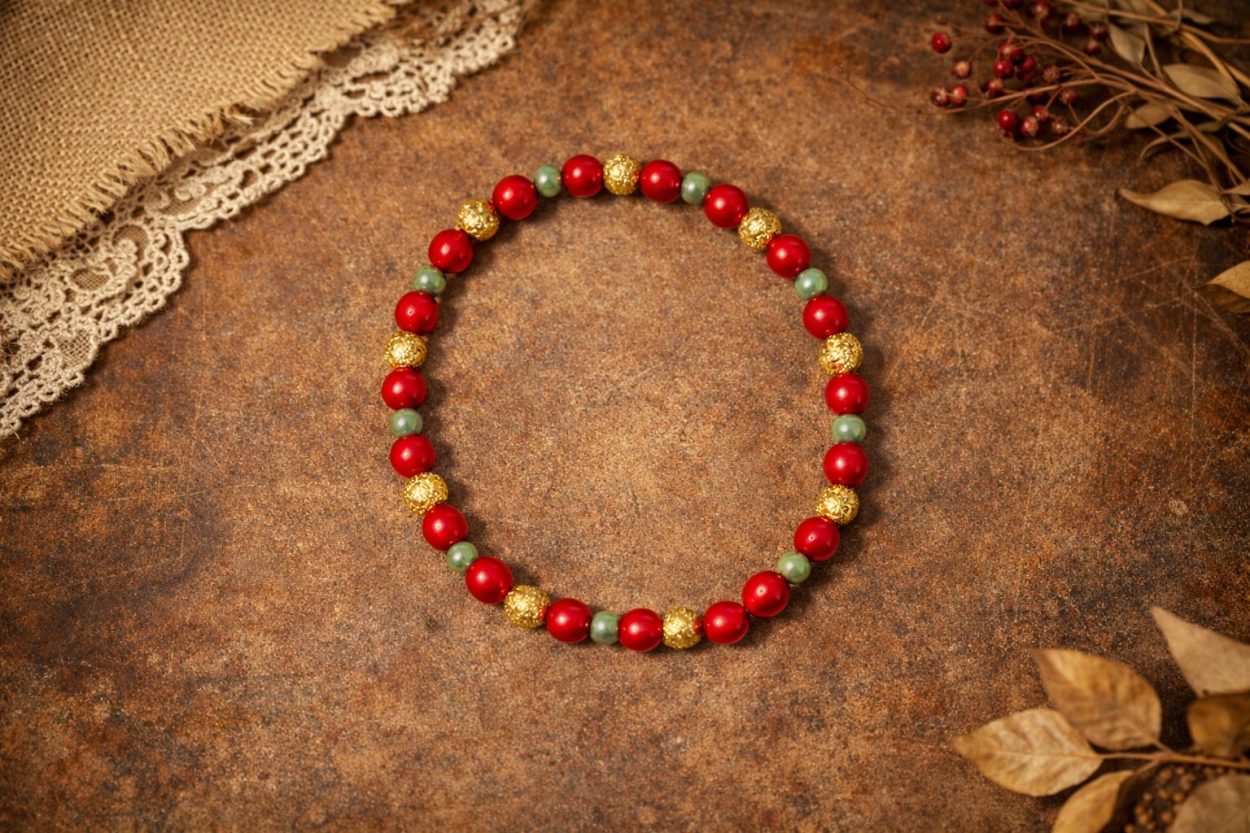 Red, Gold & Green Bead Bracelet