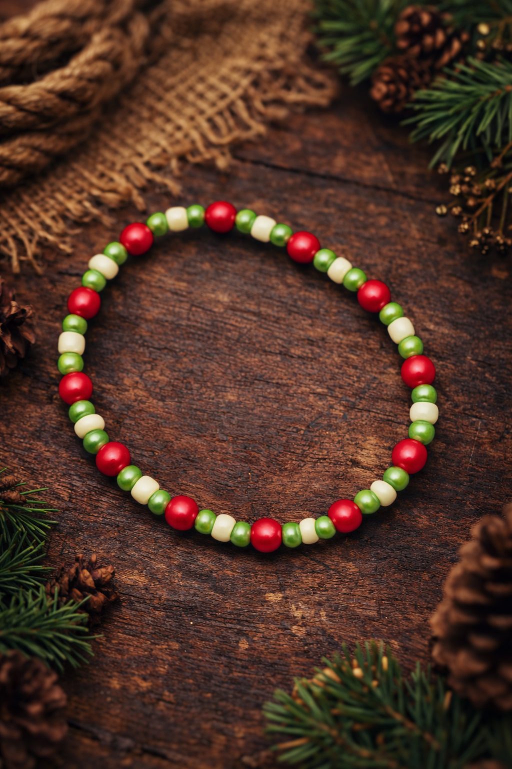 Red, Green & White Bead Bracelet