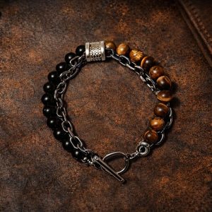 Dual‑Strand Bracelet With Glossy Black & Tiger-Eye Beads