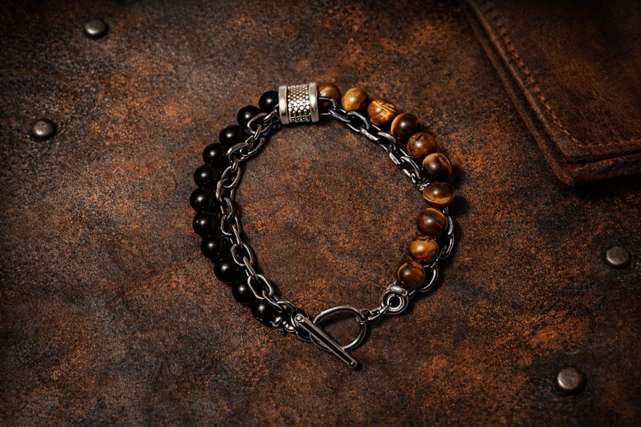 Dual‑Strand Bracelet With Glossy Black & Tiger-Eye Beads